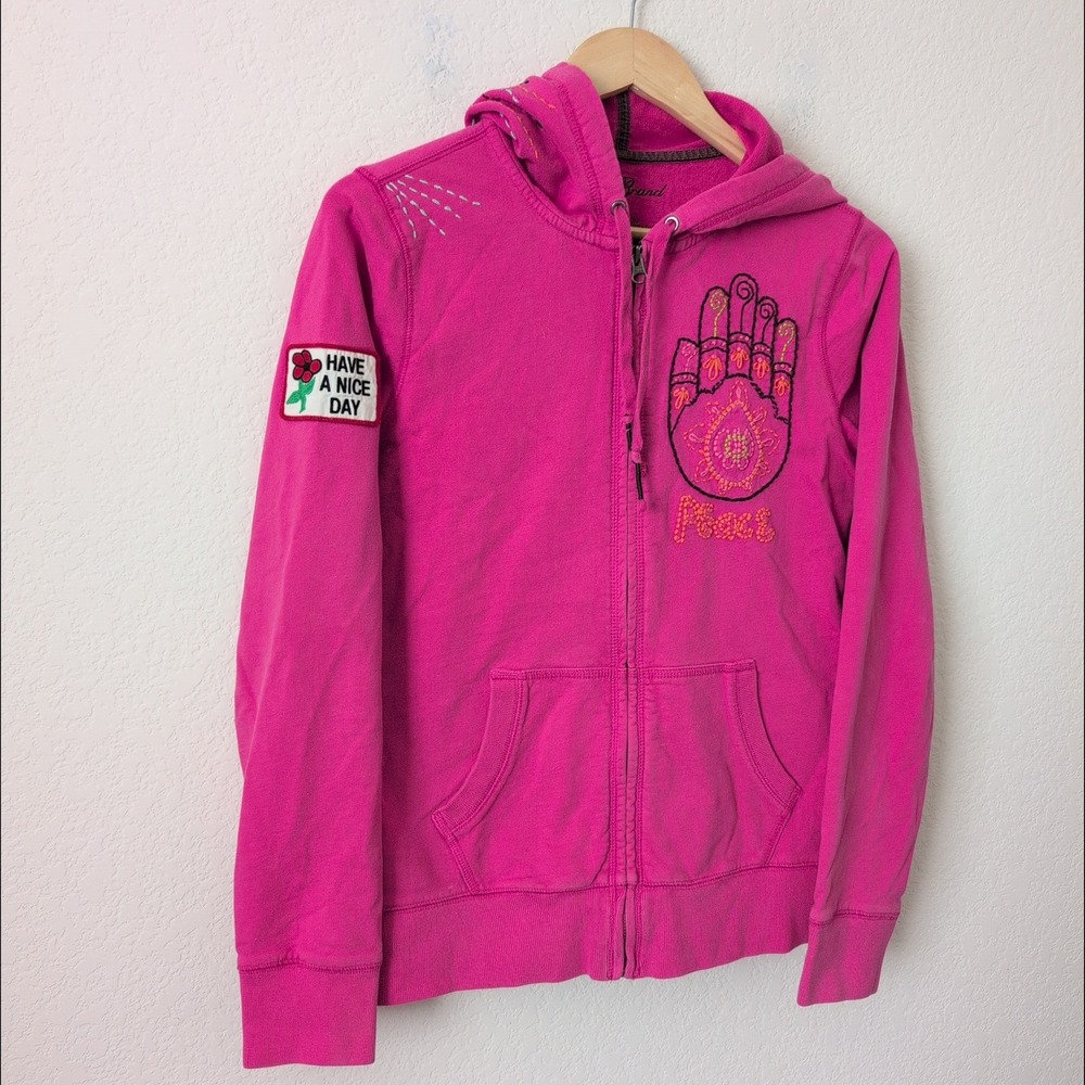 VTG Lucky Brand Pink Full‎ Zip Hoodie Peace Hand Embroidered Flower Boho Y2K  L - Picture 7 of 10